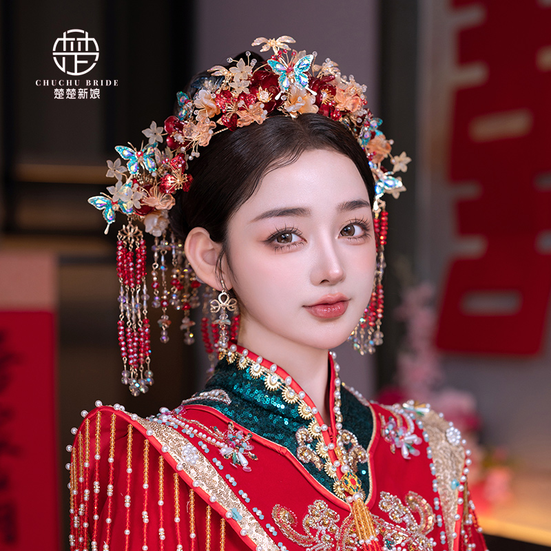 2025楚楚新娘新款中式红色复古秀禾头饰手工简约凤冠古典饰品套装