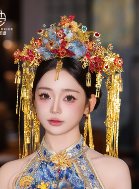 新款凤冠红金蓝色传统手工秀禾发饰新中式结婚礼服头饰龙凤褂配饰
