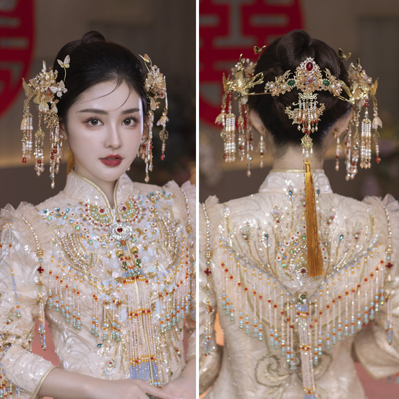 楚楚新娘新中式秀禾头饰古风金色凤钗古典婚礼龙凤褂汉服发簪配饰_虎窝淘