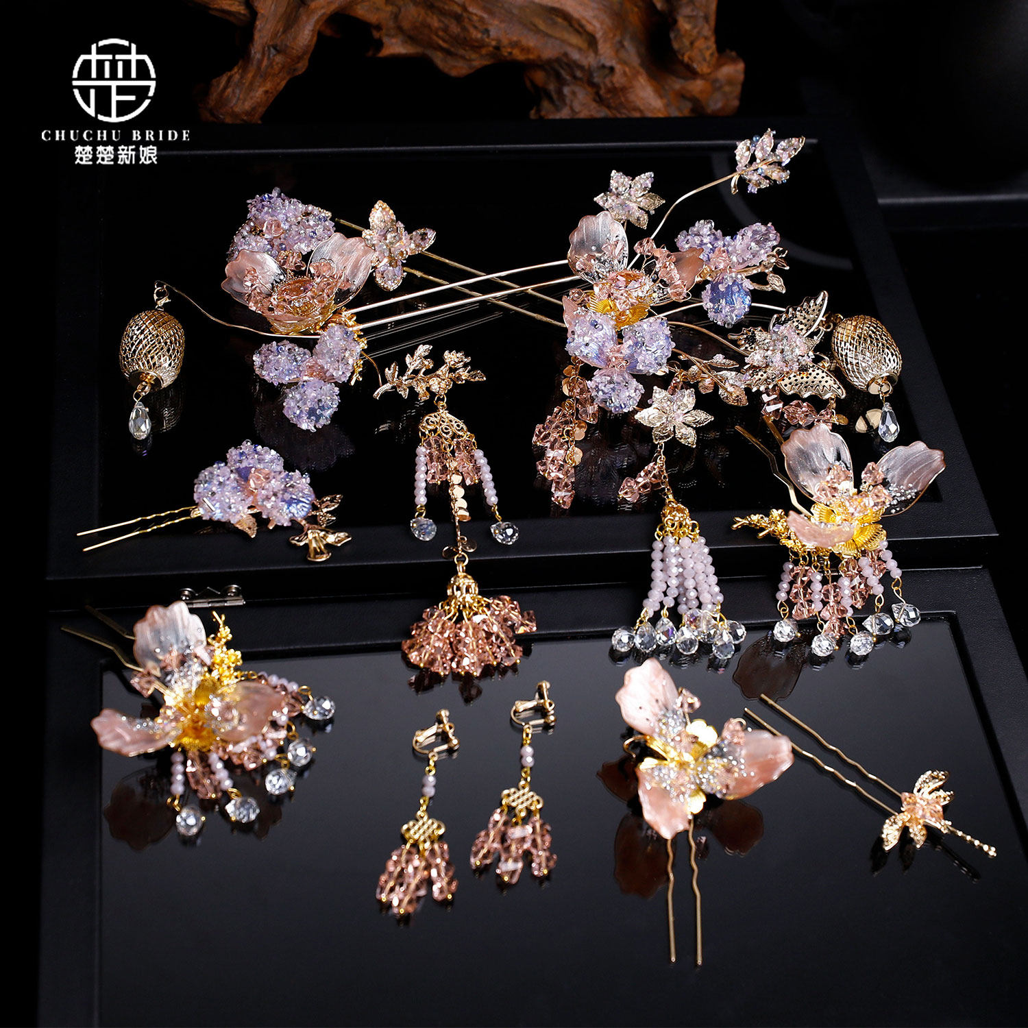 新中式新娘头饰粉金色秀禾服发饰减龄可爱造型佩戴晨袍旗袍跟妆款