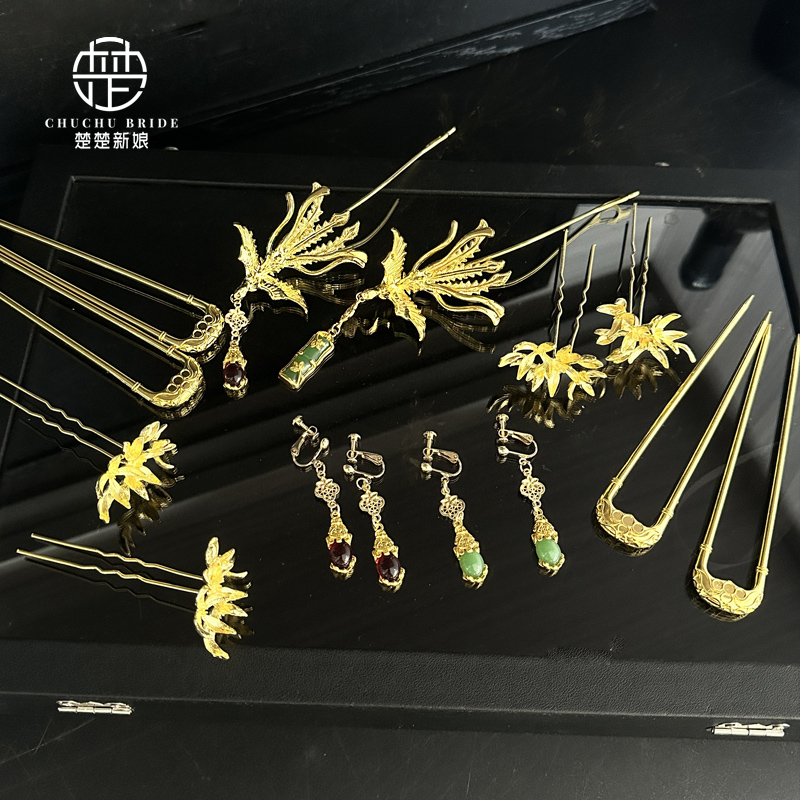 新娘中式发簪金绿色简约精致龙凤褂凤簪古风耳饰结婚秀禾旗袍配饰
