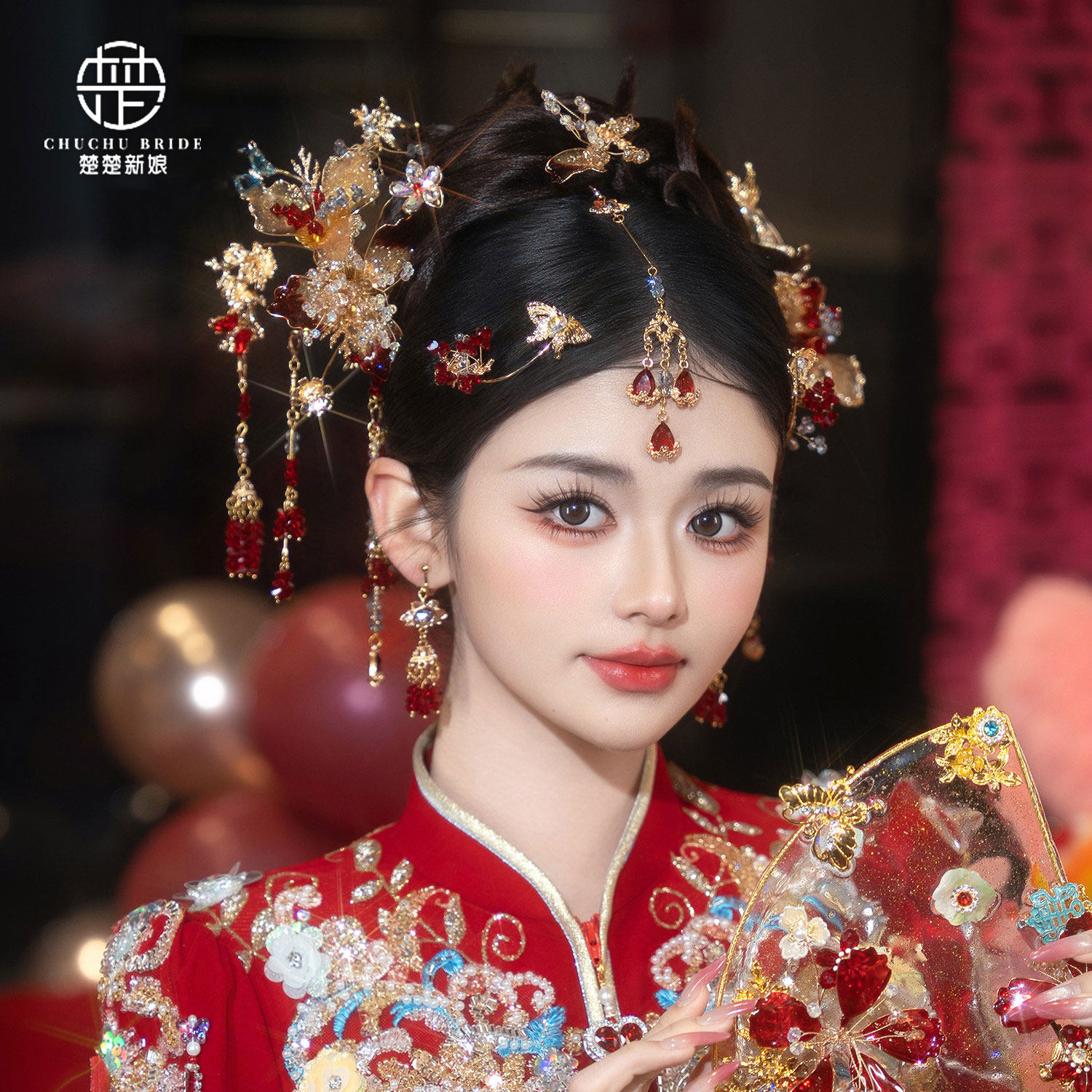 红金色秀禾头饰新品水滴额饰发簪耳夹套装龙凤褂秀禾服配饰品国风