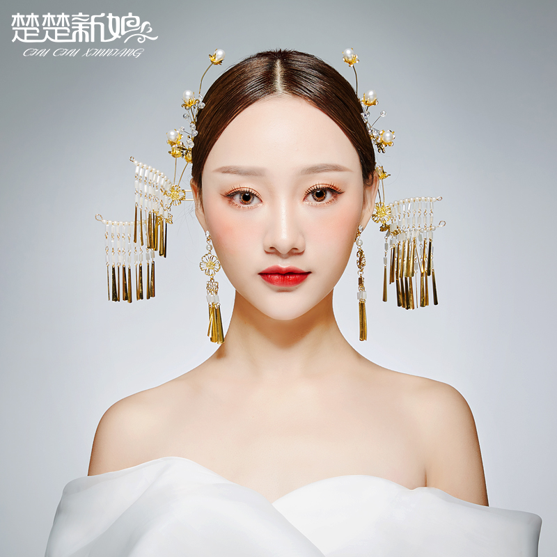 新娘头饰2018新款结婚古装发饰套装中式复古流苏凤冠秀禾服配饰品