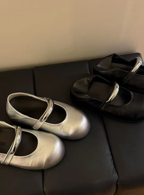 内增高3cm真皮透气银色浅口玛丽珍鞋2025新款百搭圆头舒适单鞋女