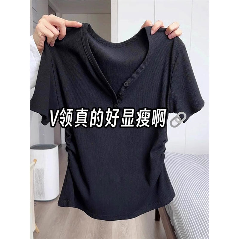 黑色正肩V领短袖T恤女装夏季辣妹收腰不规则褶皱独特漂亮掐腰上衣