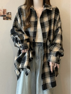 复古格子毛呢衬衫外套女款秋季慵懒风大码加厚中长款衬衣开衫上衣
