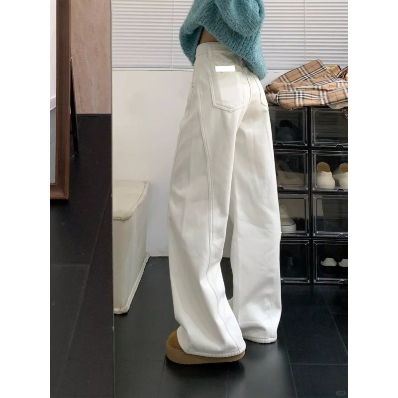 白色阔腿弯刀牛仔裤女春季2026新款高腰显瘦加绒宽松直筒拖地裤子