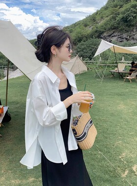 法式白色防晒衬衫女夏季薄款小个子配吊带裙子外搭中长款衬0521r1