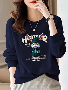 欧货宝蓝色圆领卫衣女2025秋季穿搭大码胖mm洋气减龄印花圆领上衣