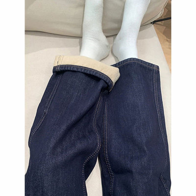 丹宁蓝加绒加厚牛仔裤女2025秋冬新款高腰显瘦宽松窄版阔腿直筒裤