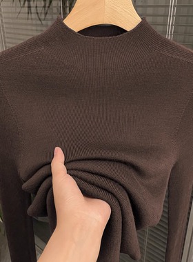 长袖t恤打底衫秋冬女咖色半高领针织保暖气质修身美拉德内搭1125w