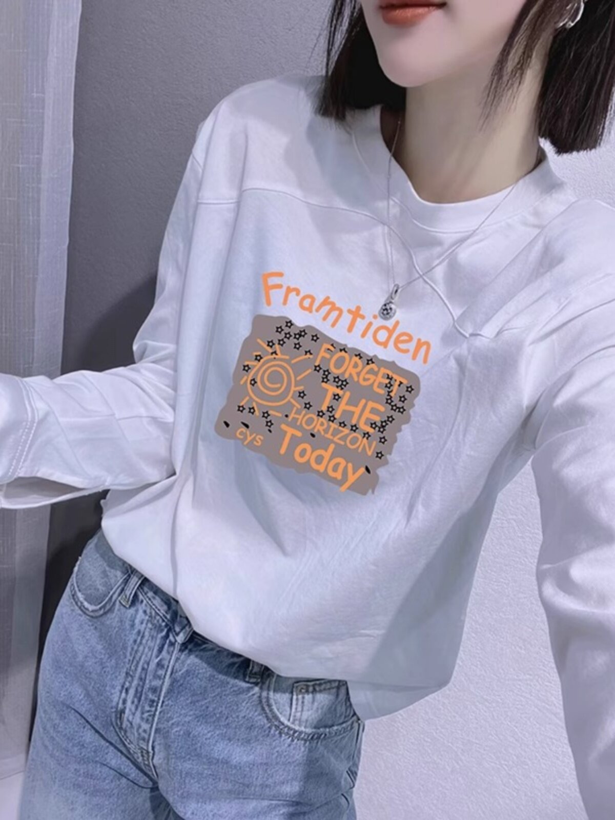 白色纯棉长袖t恤女2025秋冬穿搭百搭休闲印花宽松显瘦圆领打底衫