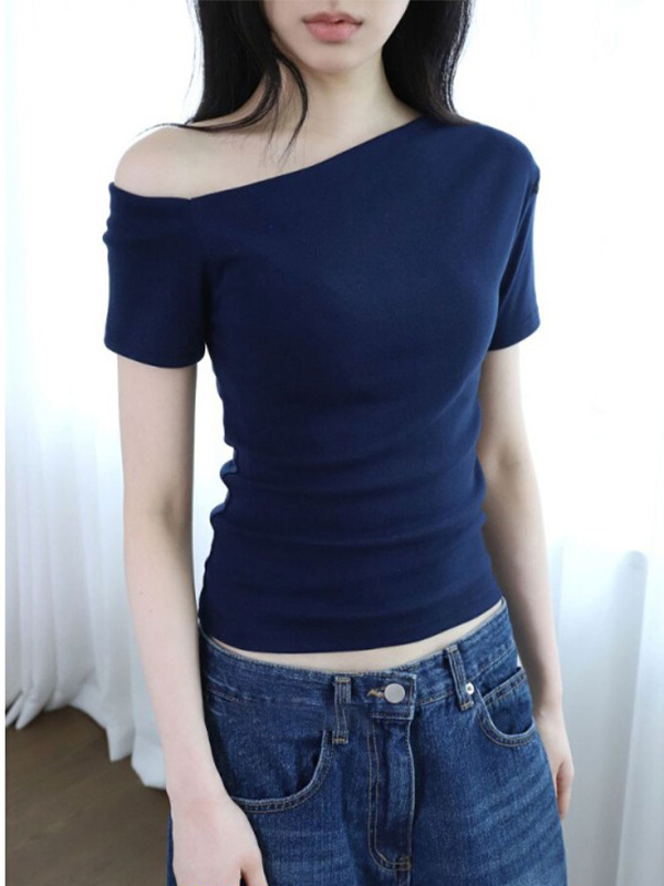 蓝色一字肩短袖T恤女夏季修身显瘦辣妹露肩体恤短款紧身斜肩上衣