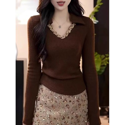 咖色小香风V领针织衫女2025早秋穿搭胖mm大码洋气修身内搭打底衫