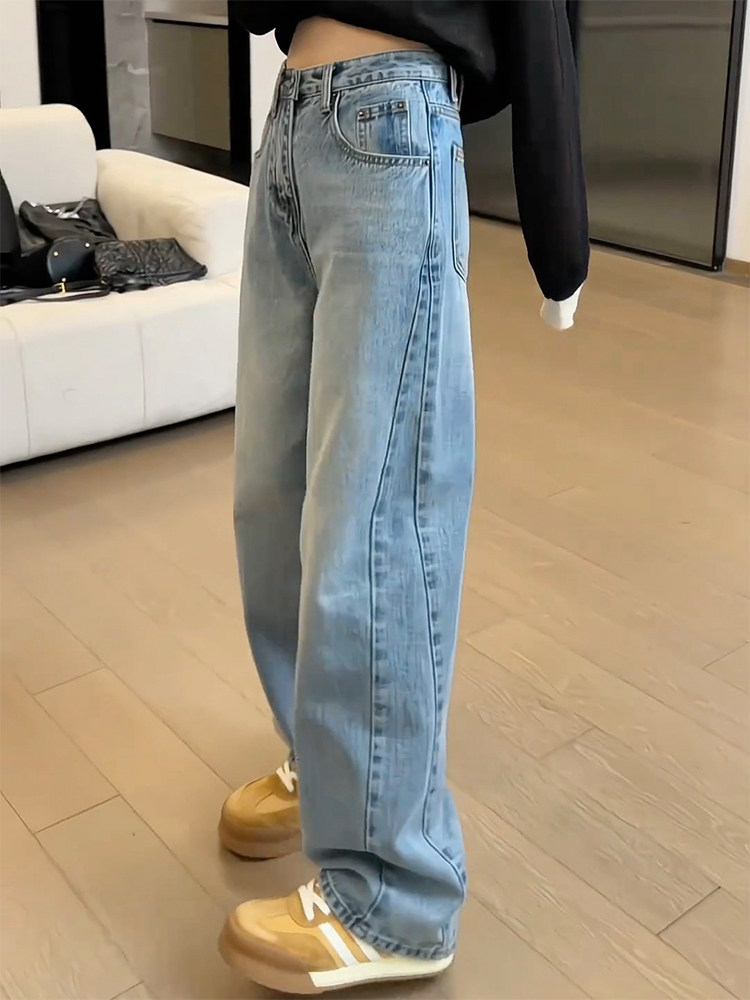 蓝色弯刀牛仔裤女2025秋季新款大码胖mm高腰显瘦遮胯百搭阔腿裤