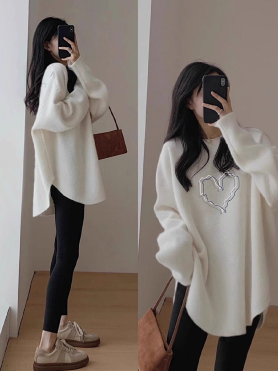 白色纯棉长袖T恤女士早秋穿搭中长款遮屁股胖MM磨毛加厚印花上衣