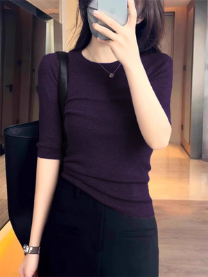 葡萄紫针织短袖正肩t恤女2025秋季新款修身五分袖体恤打底衫上衣