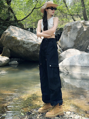 美式黑色工装裤女秋季女装2024新款小个子户外出行宽松直筒登山裤