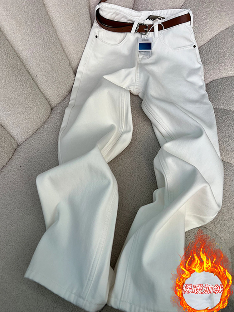 白色阔腿女士牛仔裤，秋冬高腰，宽松，显瘦，天鹅绒和加厚，窄直