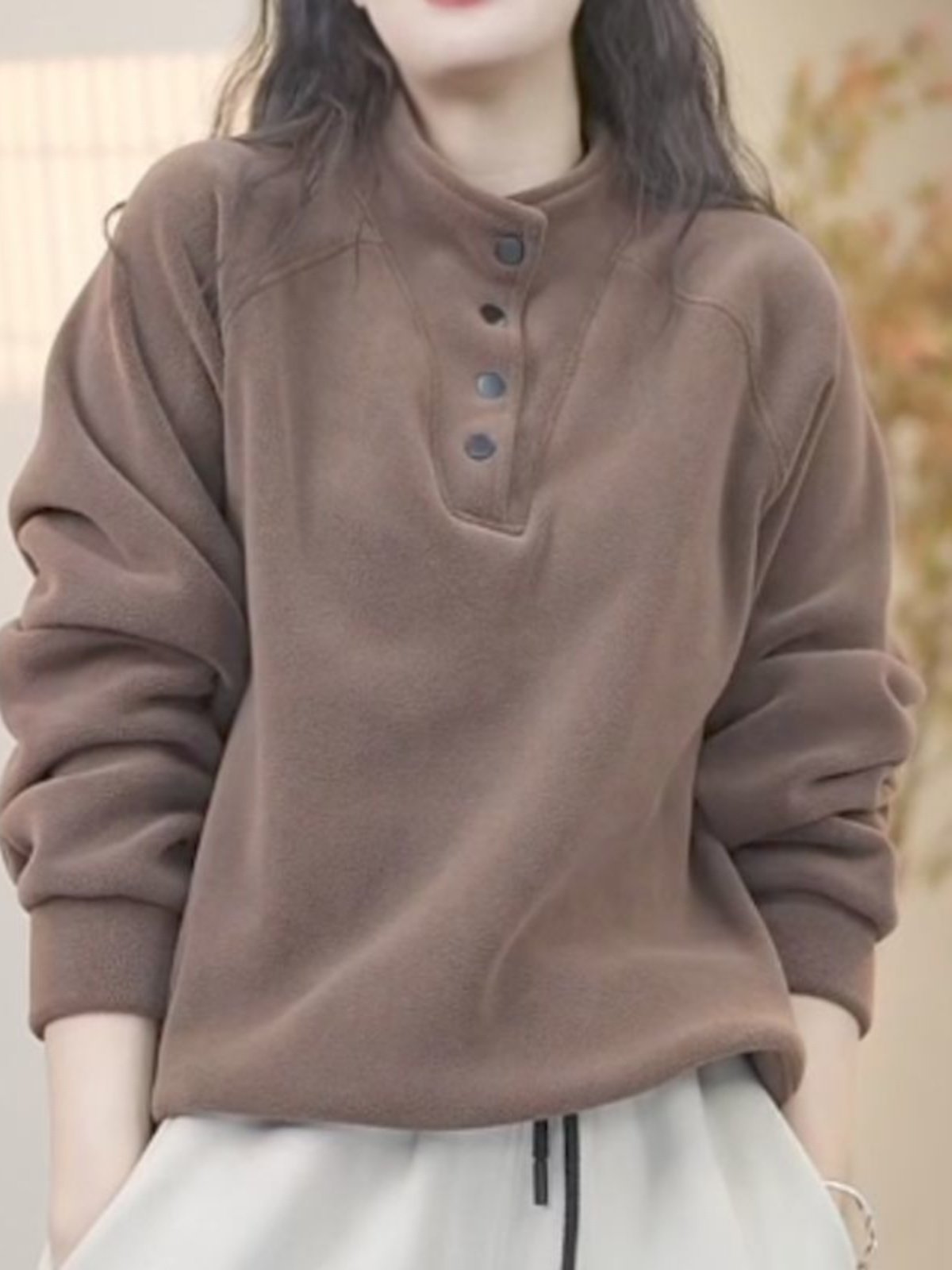 卡其色德绒卫衣女2025秋冬新款纽扣立领大码内搭加绒保暖长袖上衣