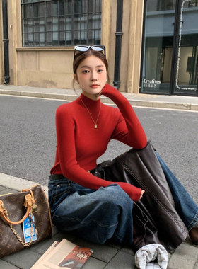 新年红色半高领针织打底衫秋冬季2026新款内搭毛衣软糯修身0115k