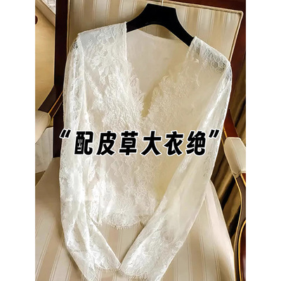 法式独性感V领蕾丝衫女春秋内搭别致提花气质巨好看打底衫上0128h