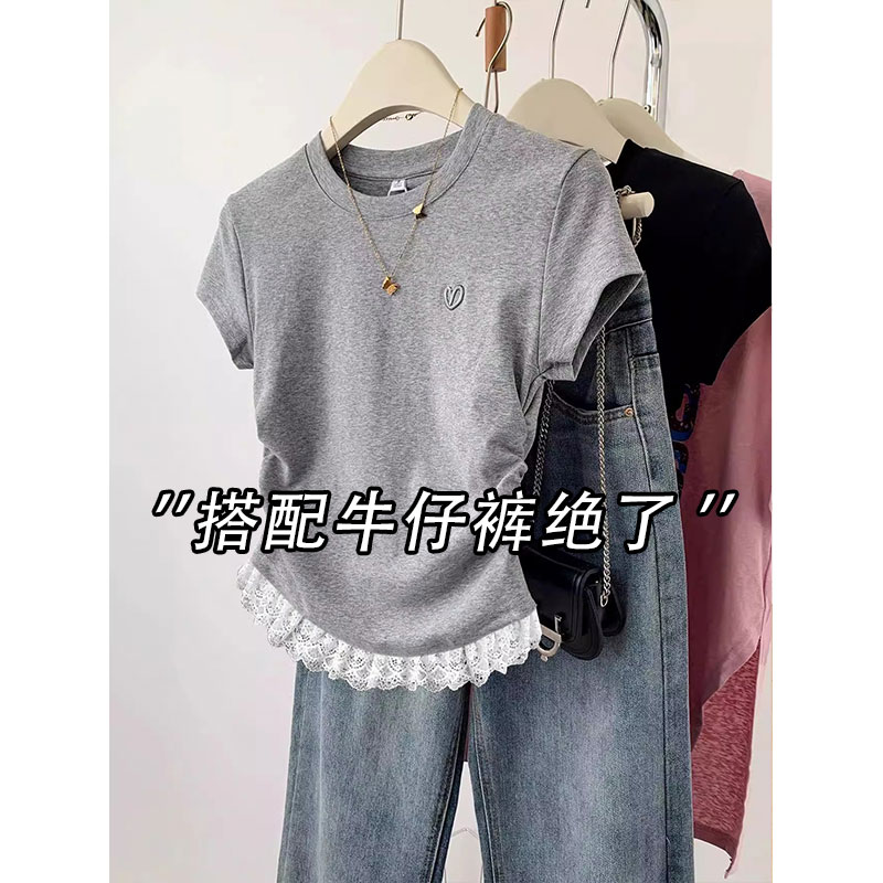 灰色蕾丝花边短袖T恤女2025夏季修身显瘦内搭甜短款正肩上衣0711h