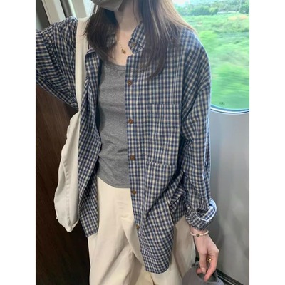复古蓝色防晒格子衬衫女2025新款夏季宽松显瘦慵懒风衬衣外套上衣
