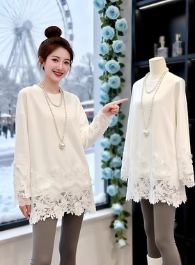 韩系温柔风蕾丝拼接T恤2026新款季中长版加绒宽松打底衫上衣0115k
