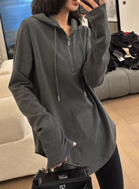 深灰色连帽长袖t恤女2025秋季新款宽松显瘦休闲设计感中长款上衣