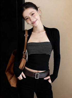 黑色条纹假长袖T恤季2026新款感修身收腰辣妹短上衣0115k