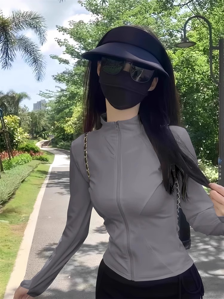 灰色冰丝防晒衣女款2025新款夏季薄款透气速干修身立领瑜伽服外套