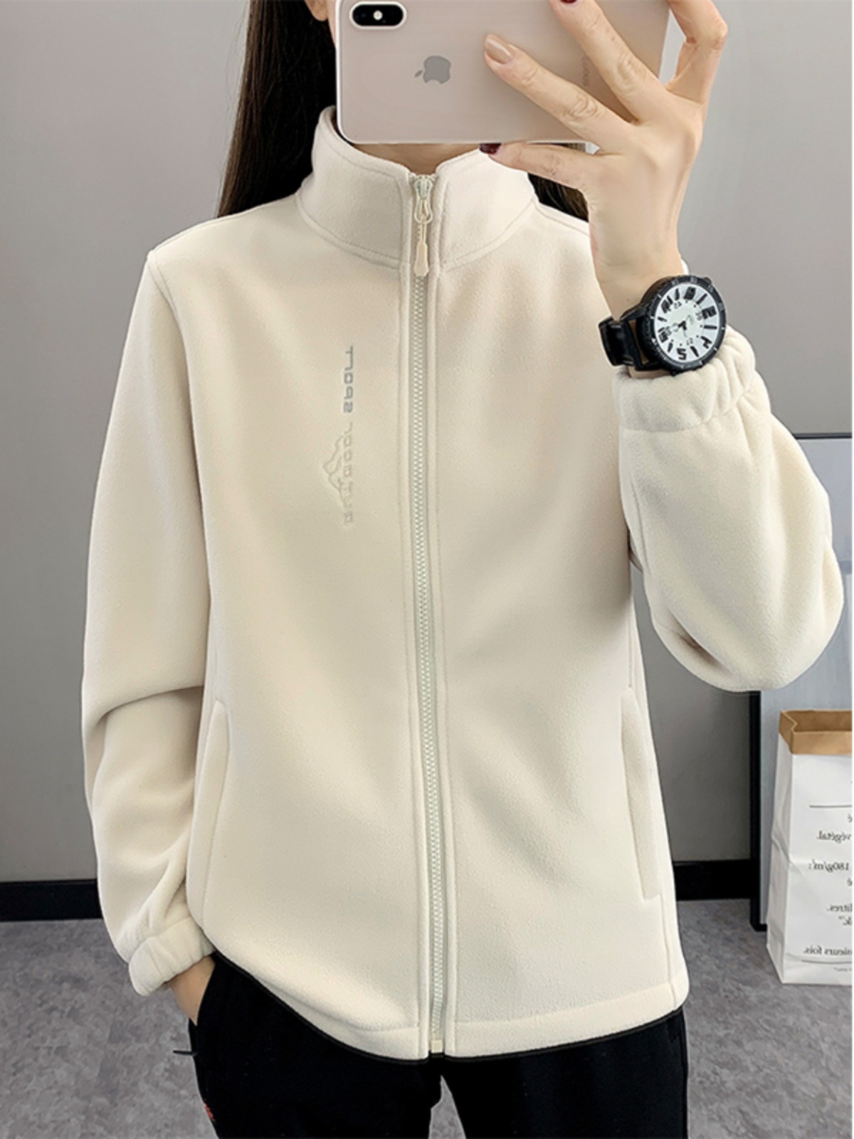 Off-White立领极地羊毛运动衫夹克的妇女在秋天与加厚内夹克和衬