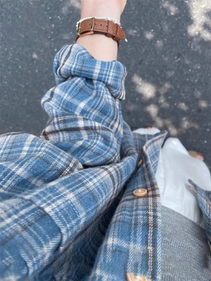 美式蓝色格子衬衫女装2025新款内搭叠穿衬衣外套巨好看的秋冬上衣