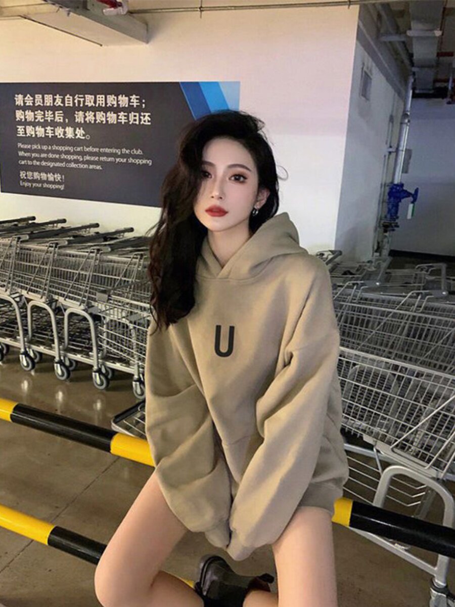 连帽运动衫女式2025秋季新款超大号宽松中长天鹅绒加厚长袖套头夹
