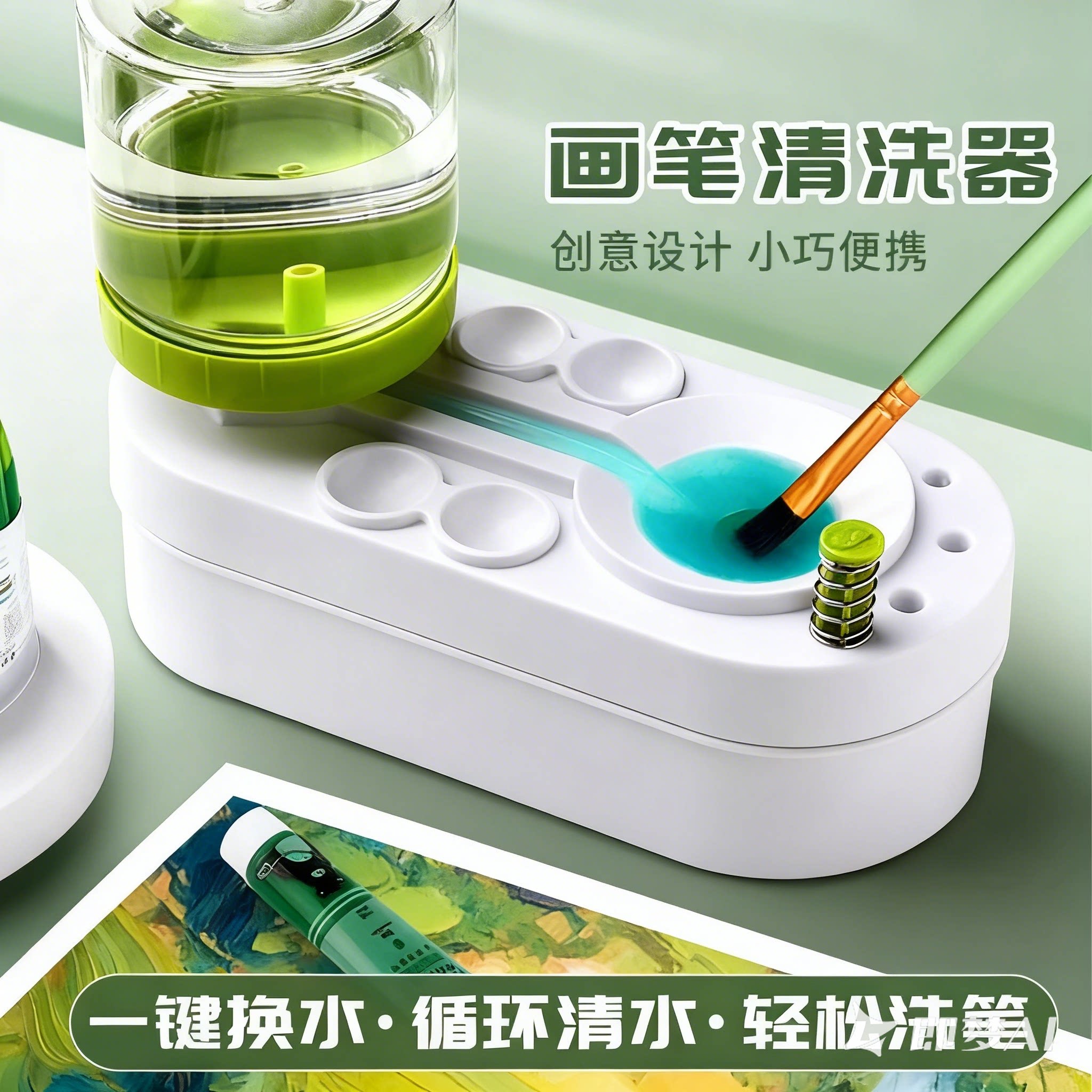 画笔清洗器色彩颜料笔洗笔桶水粉笔洗毛笔小马桶型宠物猫喝水涮笔筒美术生专用抽水型洗笔神器油画工具容器