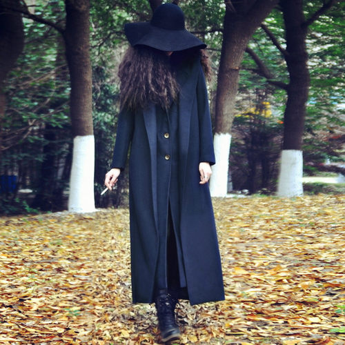 系带宽松超长款西装领羊毛呢大衣