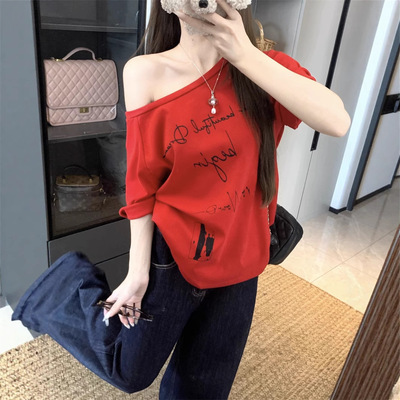 甜辣风设计感斜肩短袖T恤女装2025夏季字母印花百搭宽松学生上衣