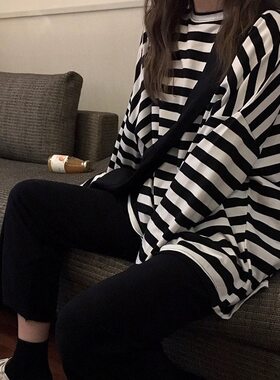 个性时尚潮流新款原宿风ins潮黑白条纹初秋宽松长袖T恤女学生上衣