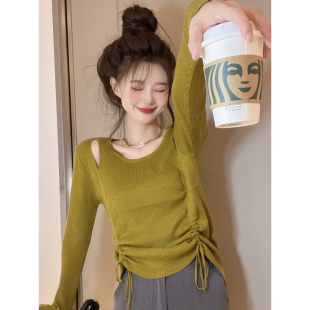 个性潮流针织打底衫女不规则毛衣抽绳小衫短款内搭长袖别致小上衣