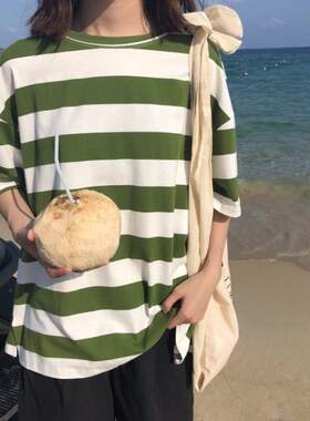 个性韩版夏季原宿风宽松百搭圆领短袖条纹套头打底衫上衣T恤女潮t