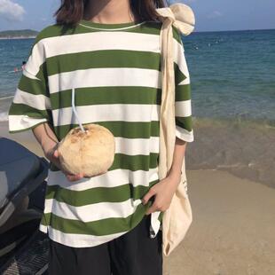 个性韩版夏季原宿风宽松百搭圆领短袖条纹套头打底衫上衣T恤女潮t