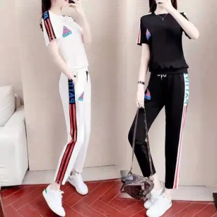 个性欧洲站运动套装女夏新款韩版宽松显瘦洋气白色休闲夏天两件套