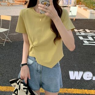 个性不规则短袖t恤女新款夏心机设计感小众半袖高腰短款上衣潮流T