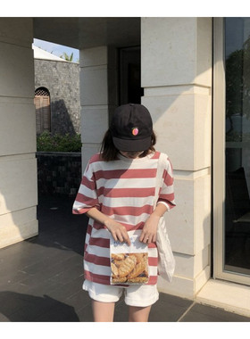 个性韩版夏季原宿风宽松百搭圆领短袖条纹套头打底衫上衣T恤女潮t
