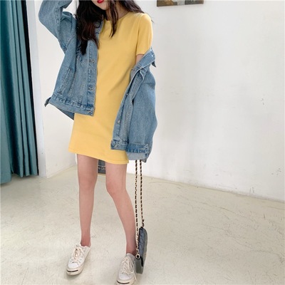 个性时尚潮夏季新款韩版修身纯色短袖T恤女中长款连衣裙女装衣服t