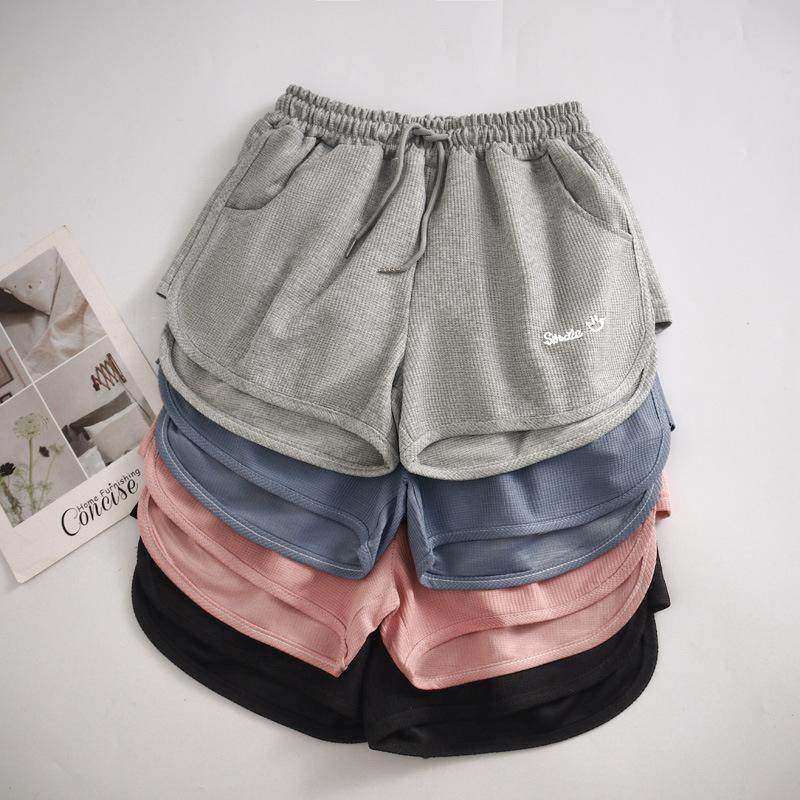 个性华夫格运动短裤女夏季韩版松紧腰宽松显瘦a字阔腿热裤家居裤
