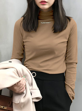 个性半高领加绒打底衫女秋冬套头字母绣花修身学生纯色长袖t恤女T