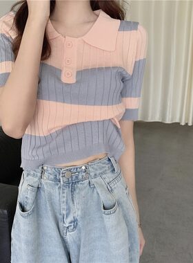 超火复古洋气学生百搭翻领短袖撞色条纹短款polo衫针织T恤上衣女