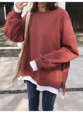 个性假两件加绒卫衣女新款秋冬季韩版宽松学生BF原宿风港味上衣潮